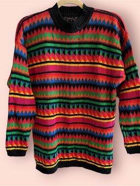 Vintage 90s CHAUS Sport Rainbow Geometric Ramie Cotton Sweater